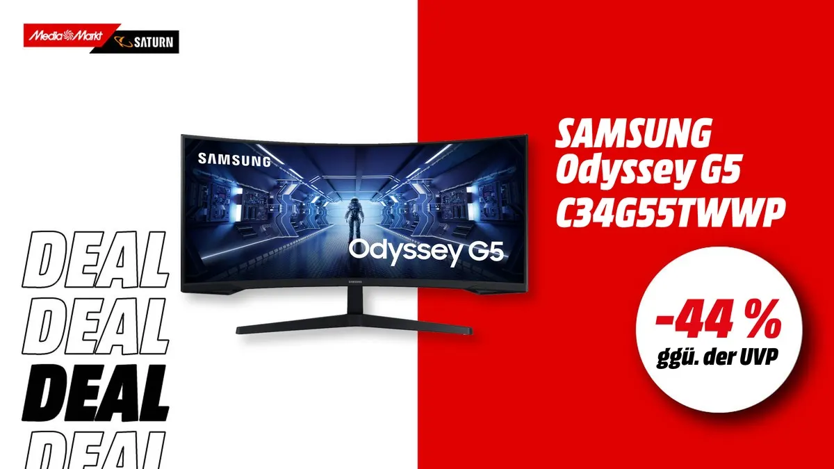 Samsung Odyssey G5 C34G55TWWP 34 Zoll für 229 EUR statt 409 EUR bei MediaMarkt