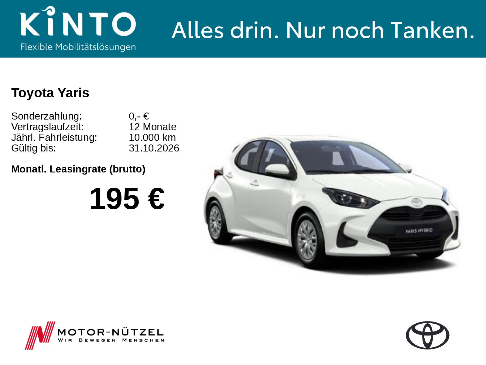 Toyota Yaris im KINTO Auto Abo: 195 € monatlich für 12 Monate inklusive Versicherung und Wartung