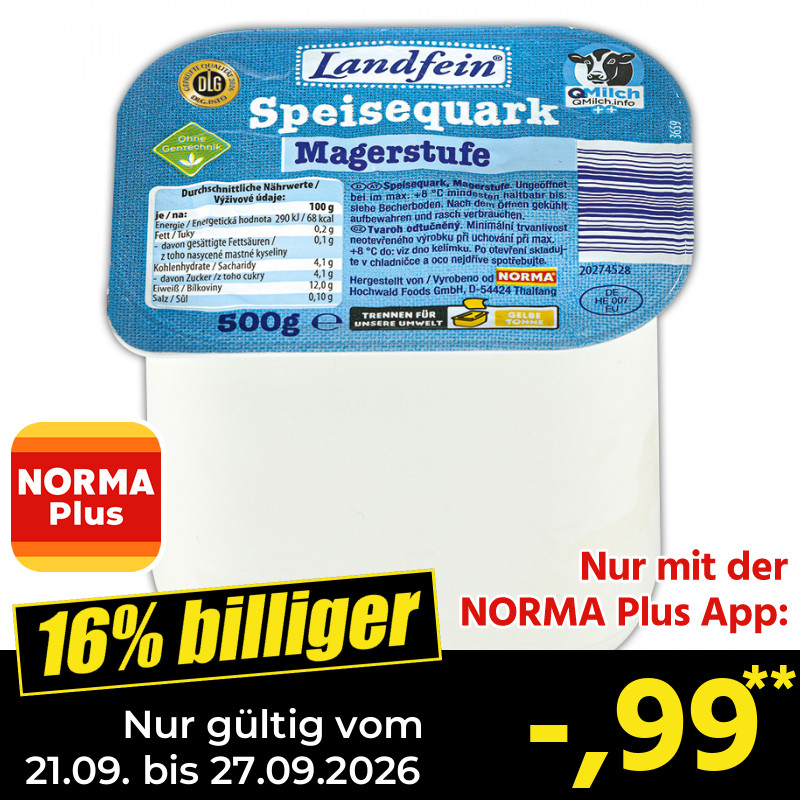 LANDFEIN Speisequark 500 g NORMA Plus offer