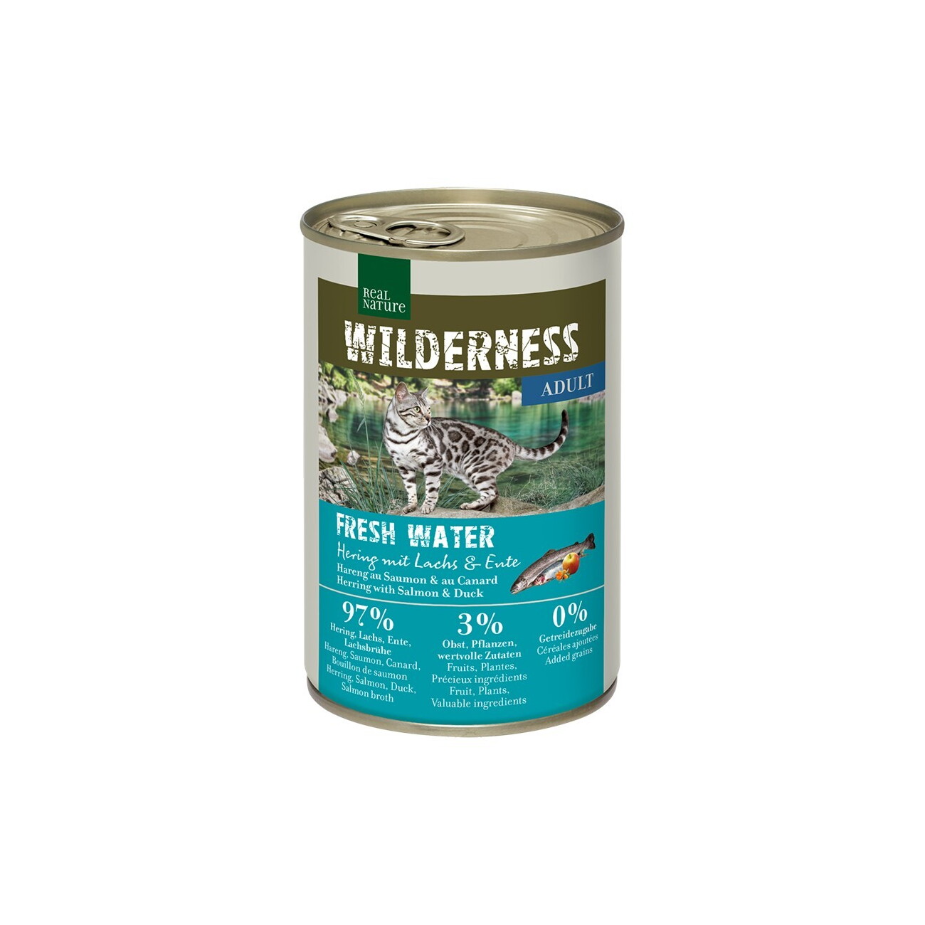 REAL NATURE WILDERNESS Nassfutter Katze, Adult, Fresh Water, Hering mit Lachs und Ente 6x400 g