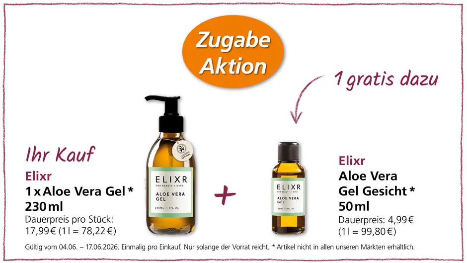 芦荟护肤凝胶 Elixr Aloe Vera Gel 230 ml 17,99 EUR，送50 ml面部凝胶，来自 Alnatura Zugabe-Aktion
