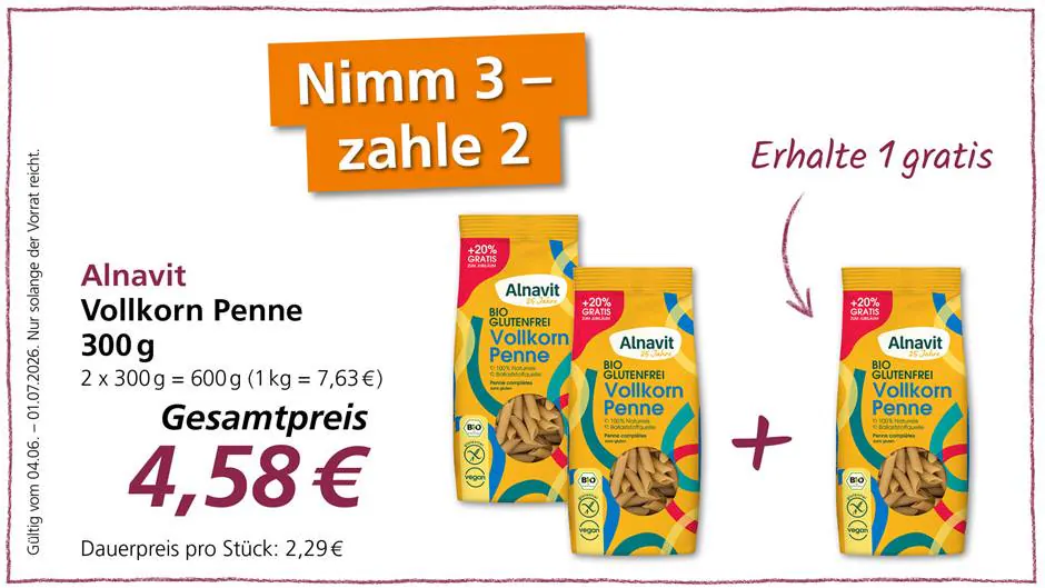 Alnatura 官方加赠活动：Alnavit 全麦 Penne 3 件组合 4.58 欧元
