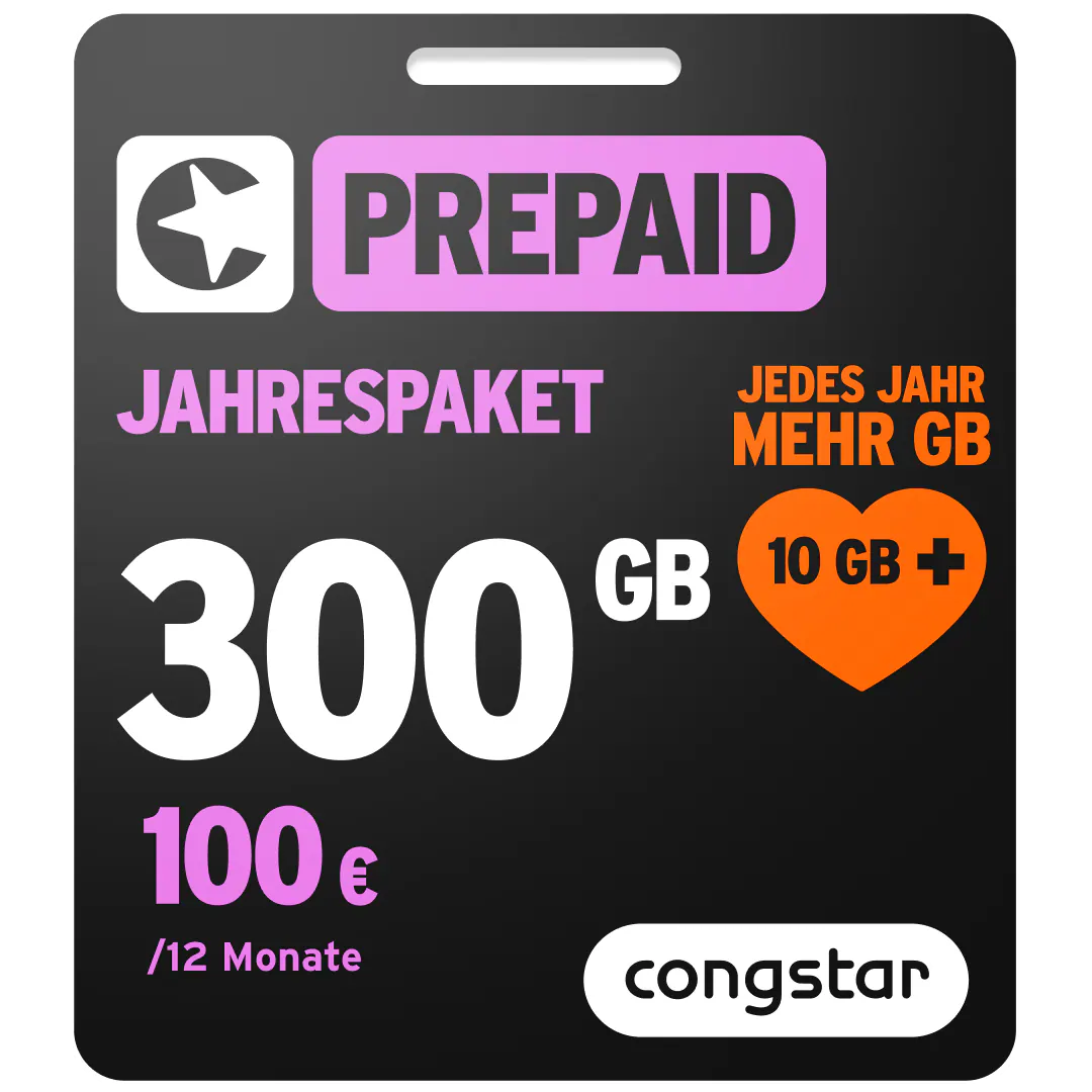 Congstar Prepaid Jahrespaket：300GB 年包 100 EUR/年